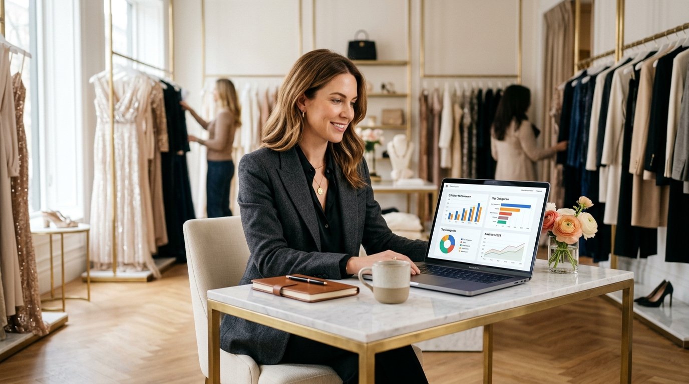 Boutique owner analyzing fashion analytics and customer orders on laptop in chic designer showroom