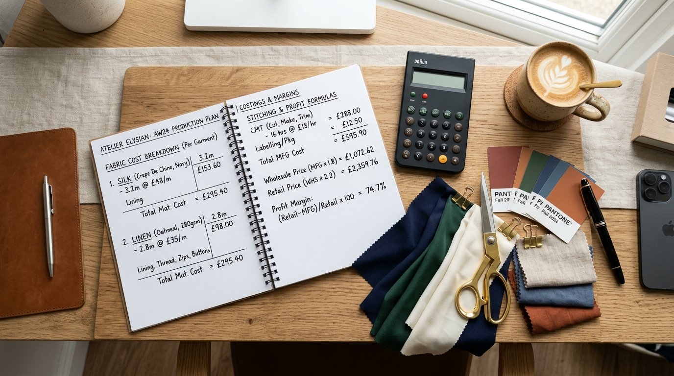 Designer desk with fabric swatches, pricing formulas, and financial calculation sheets