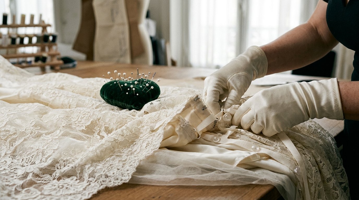 Seamstress with satin gloves adjusting intricate bridal bustle loops and buttons on an ivory gown