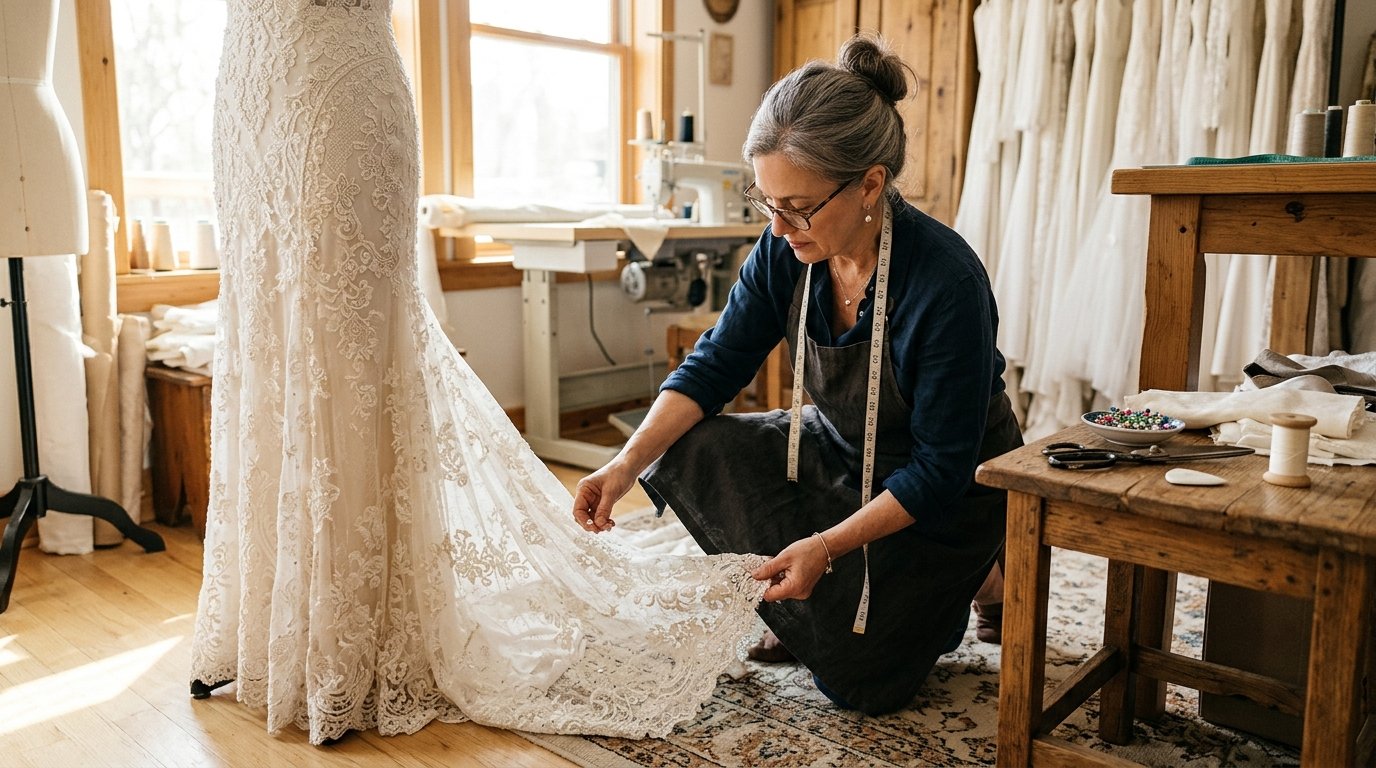 Bridal seamstress pinning a luxury lace wedding dress train on a mannequin in an atelier