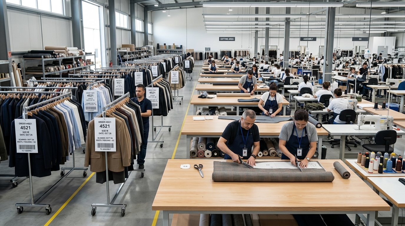 Bustling central tailoring factory floor with organized barcode garment racks