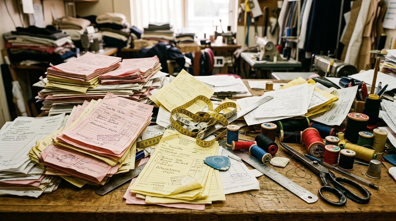 Cluttered tailoring workshop desk with stacks of carbon order receipts, thread spools, and tangled measuring tape