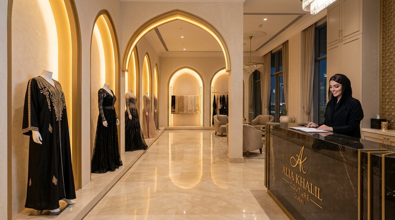 Haute couture abaya atelier showroom overlooking Dubai skyline