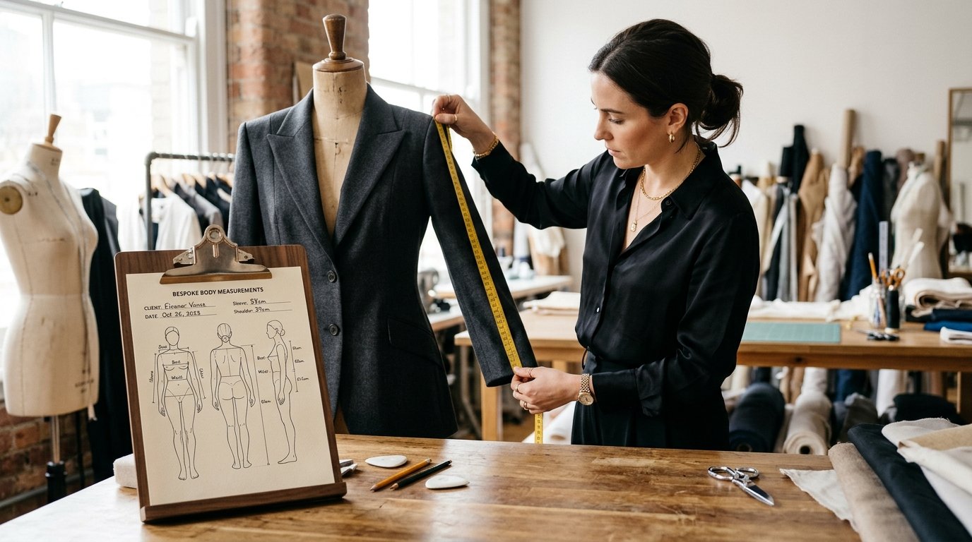 Fashion designer measuring mannequin with technical measurement chart clipboard