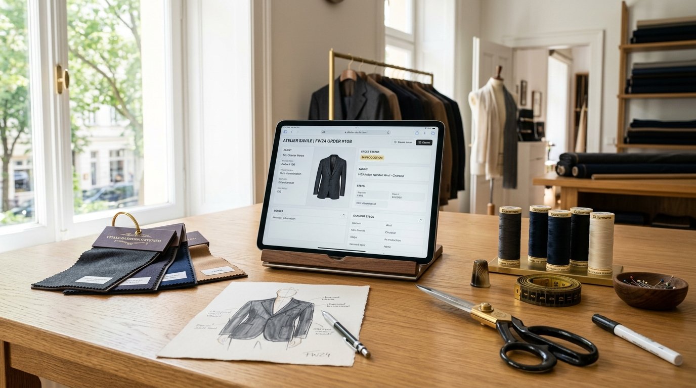 Modern tablet computer with digital garment order interface on an organized tailor cutting table