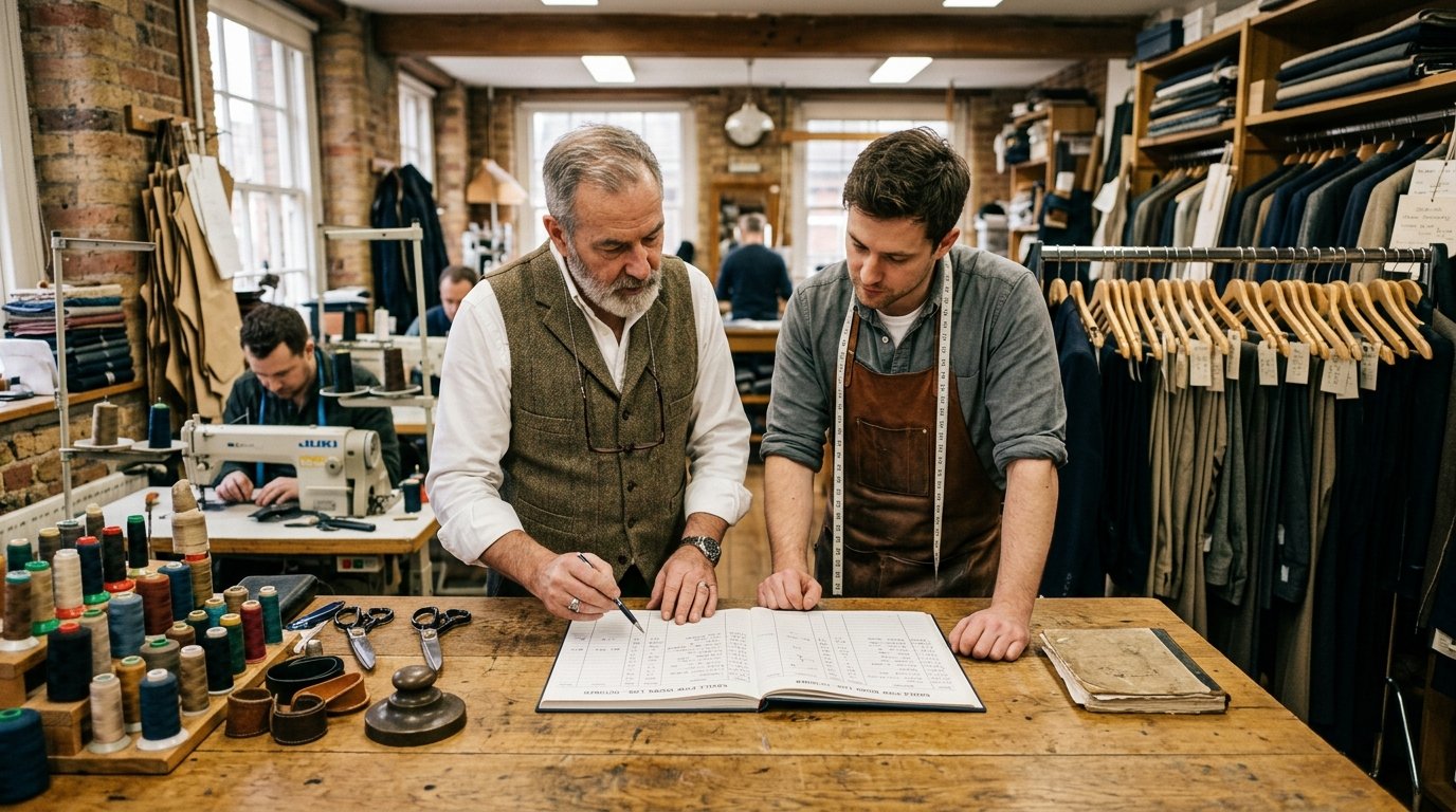Master cutter and craftsman reviewing tailor wage ledger book and garment tickets
