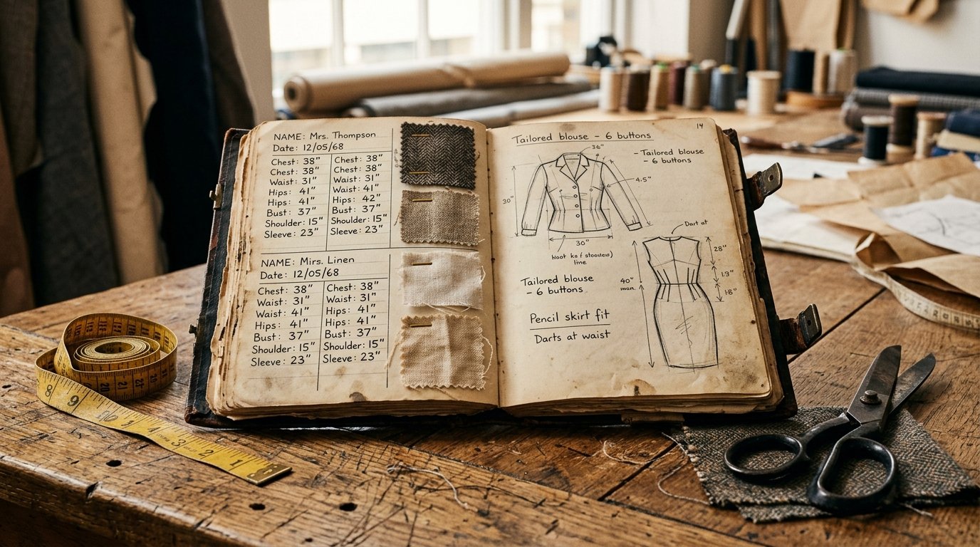 Open vintage tailor register with handwritten customer measurements and pinned fabric swatches