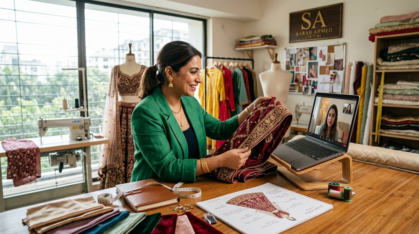 Fashion designer conducting high-touch live video fitting with overseas bride