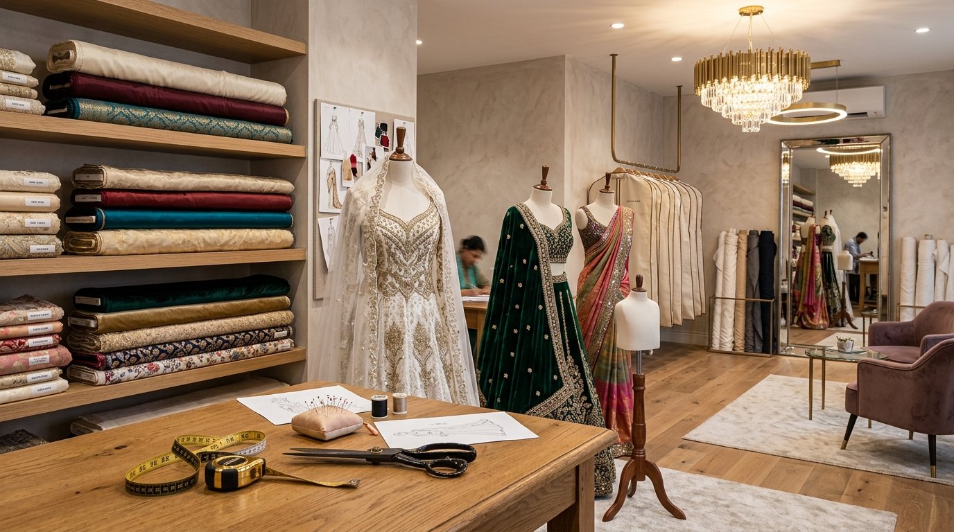 Serene modern designer boutique atelier with dressmaker mannequins and organized fabric rolls