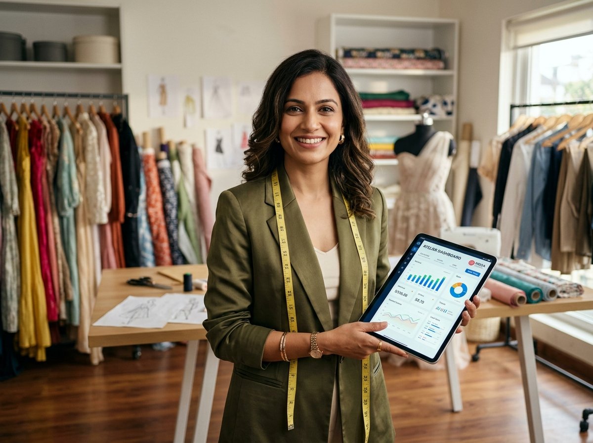 Designer in boutique atelier using Boutique Manager on iPad
