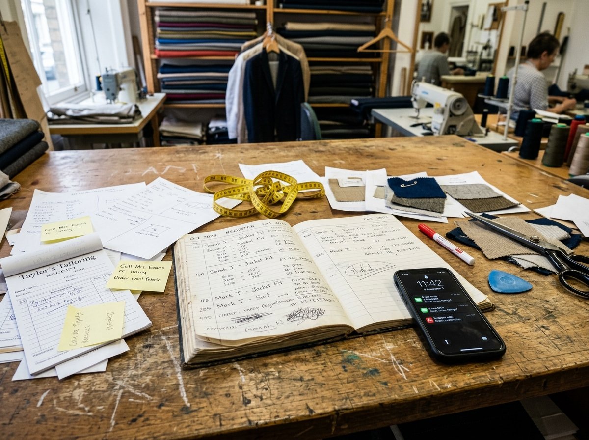 Cluttered tailoring cutting table with scattered paper measurement slips, handwritten register notebook, and smartphone notifications