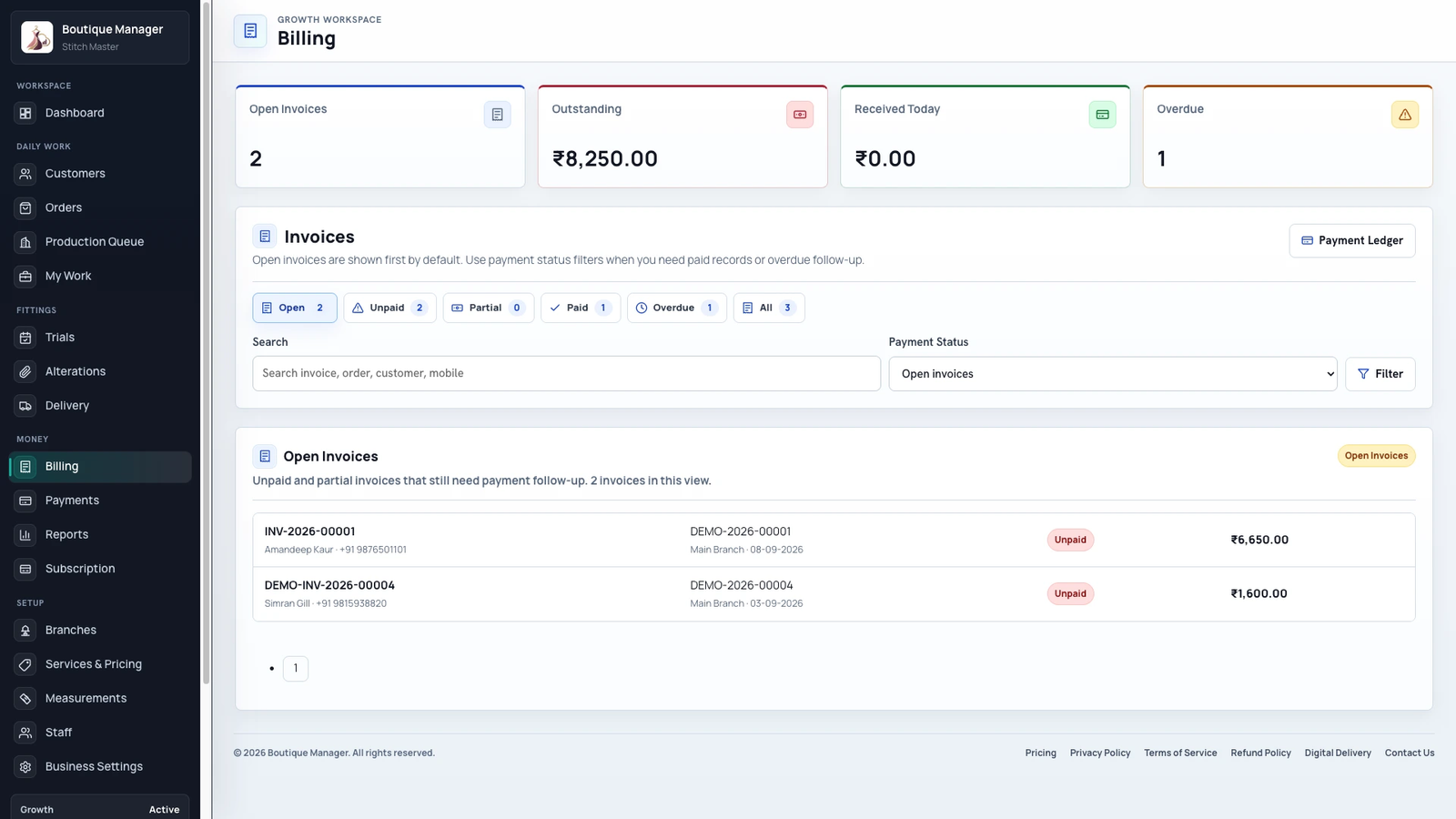 Boutique Manager Billing and Invoices Directory