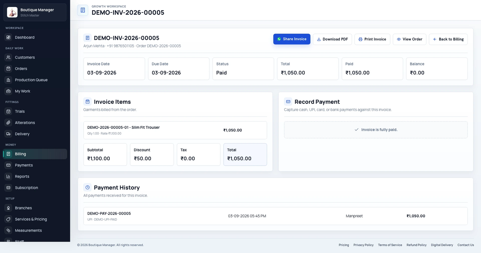 Boutique Manager Invoice Detail and Payment History