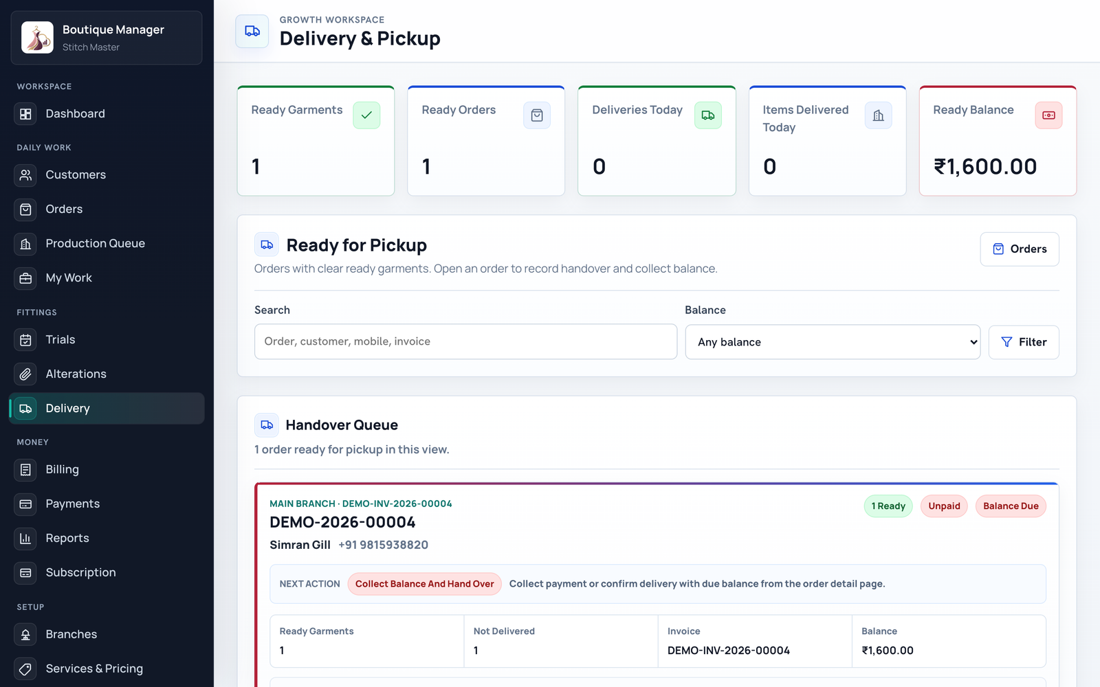 Boutique Manager Delivery and Pickup Verification