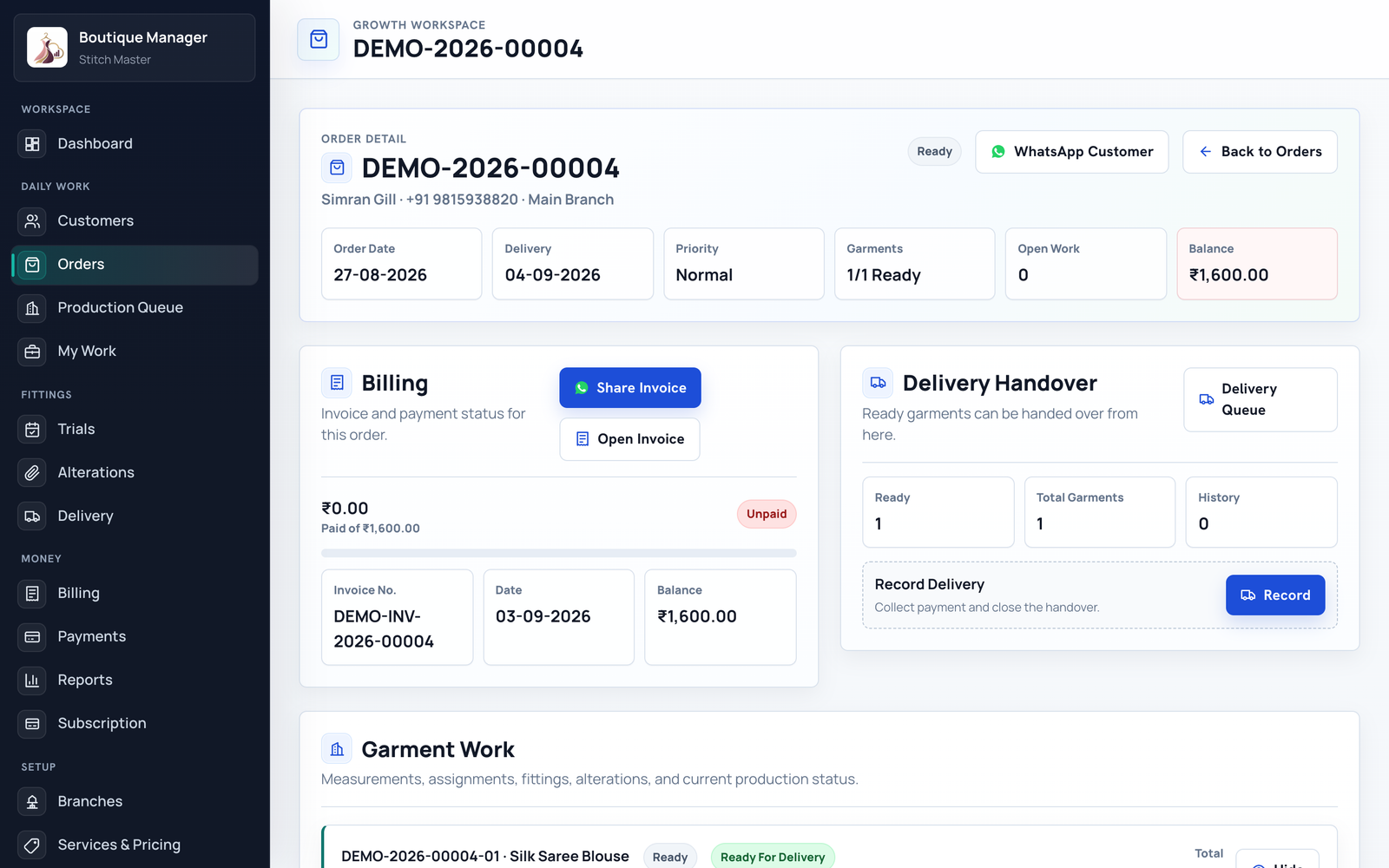 Boutique Manager Digital Job Card and Order Details