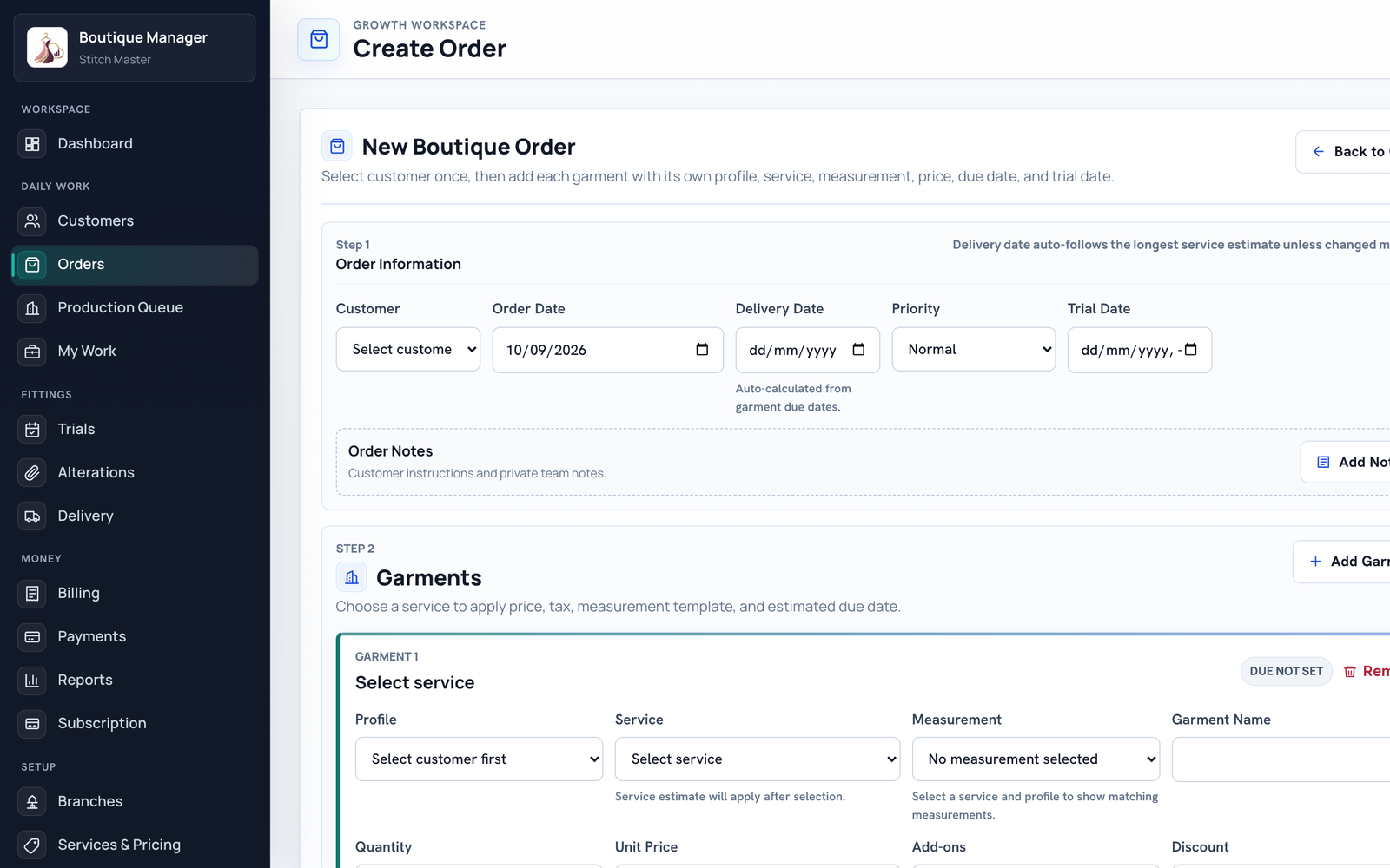 Fast Order Creation Form