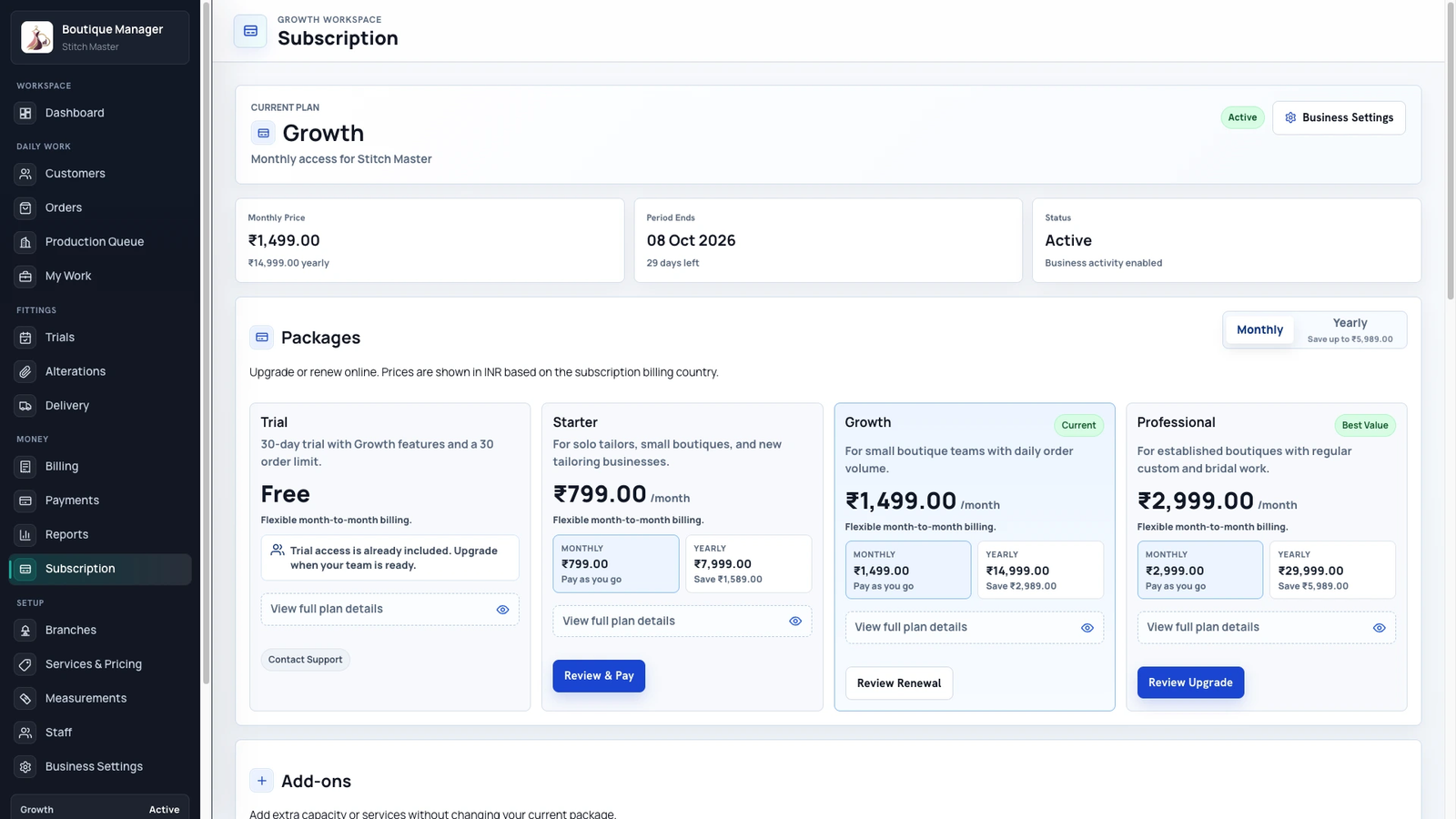 Boutique Manager Subscription and Usage Dashboard