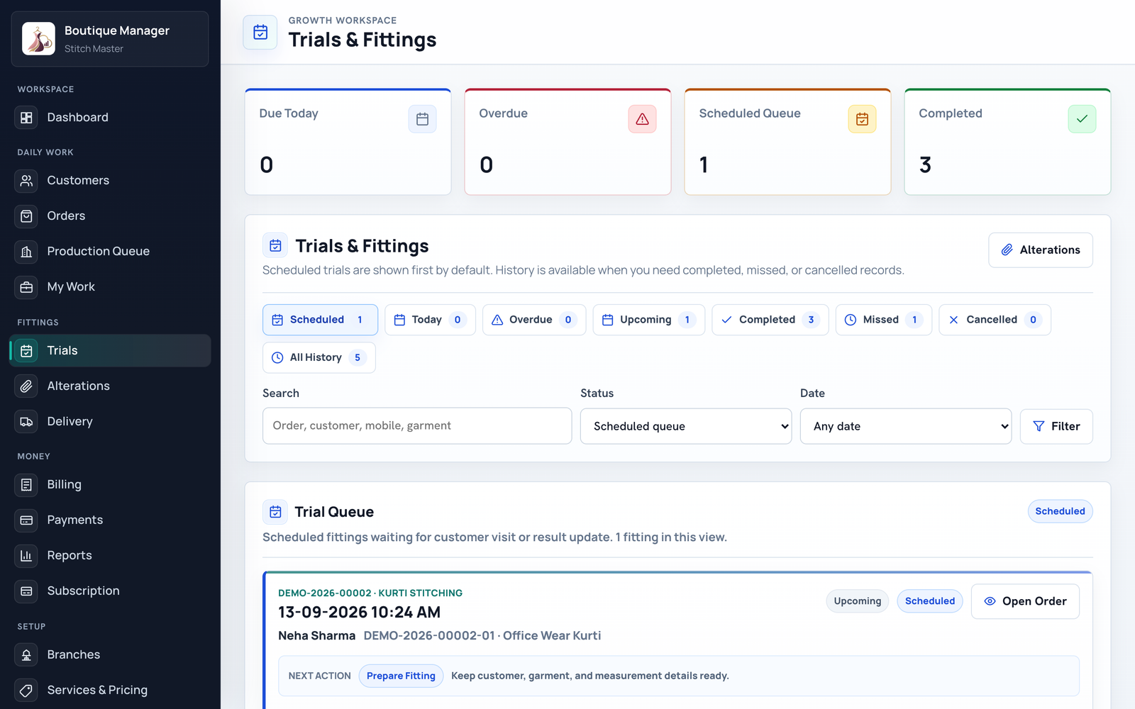 Boutique Manager Trials and Fittings Module